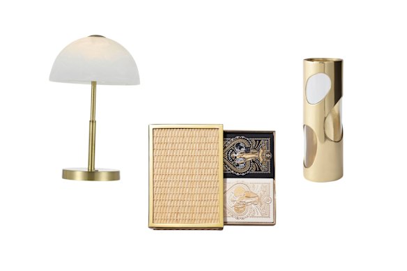 “Marla” table lamp; “Colette” card set; “Pietra” brass vase.  