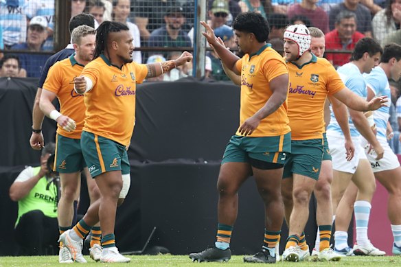 Brandon Paenga-Amosa of the Wallabies celebrates after scoring a try.