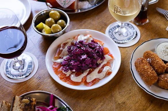 Cured Noojee rainbow trout with Russian beetroot salad, plus potato croquettttes.