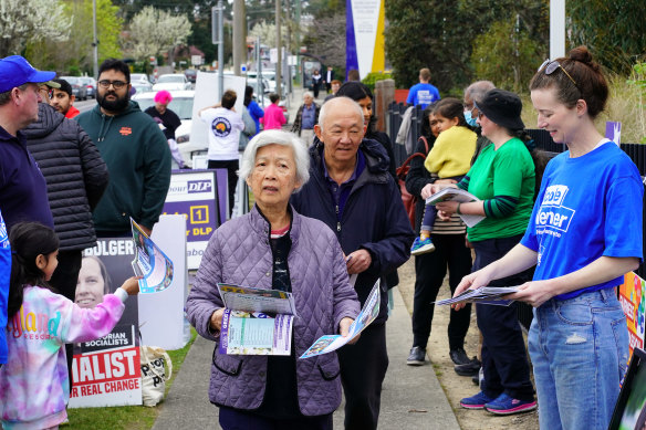 Voters arrive at a polling booth for the Warrandyte byelection.