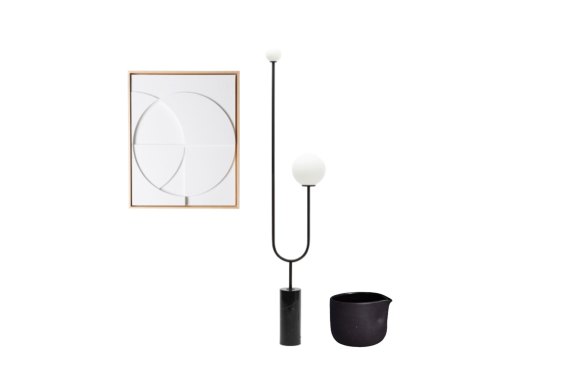 “Framed Relief” artwork; “Arancini Nero” floor lamp ; “Pourer” jug.
   