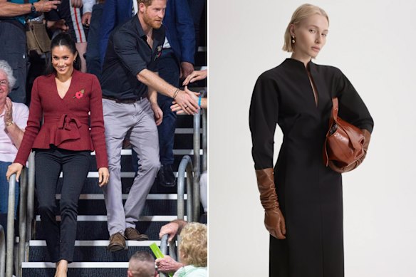 Meghan, Duchess of Sussex, wearing a Scanlan Theodore pomegranate crepe knit jacket at the 2018 Invictus Games in Sydney.
Scanlan Theodore chief executive Melinda Robinson would like to see Meghan wear their Milano Cocoon dress, $900, (right) on the upcoming Australian visit.