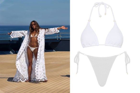 Above: model Naomi Campbell. Right: Seafolly “Sea Dive Slide” bikini top and “Sea Dive Tie Side Rio” bottoms.