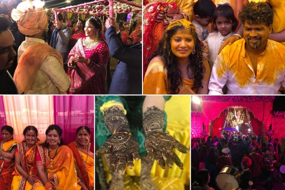 Clockwise from top left: the bride and groom; the couple is anointed
with turmeric for good luck; the bharat parade arrives at the wedding;
the intricate, customary bridal henna patterns; guests at the wedding.
