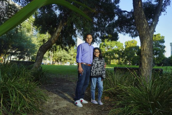 Satya Rath with daughter Saanvi at a park in Docklands.