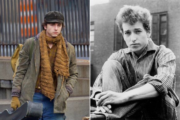 Timothée Chalamet on the set of the Bob Dylan biopic in New York City.
