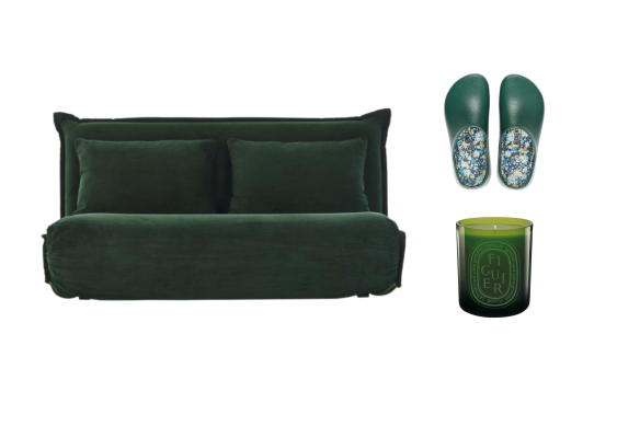 “Happy” sofa bed; “Super Birki” clogs; “Figuier Verte” candle.