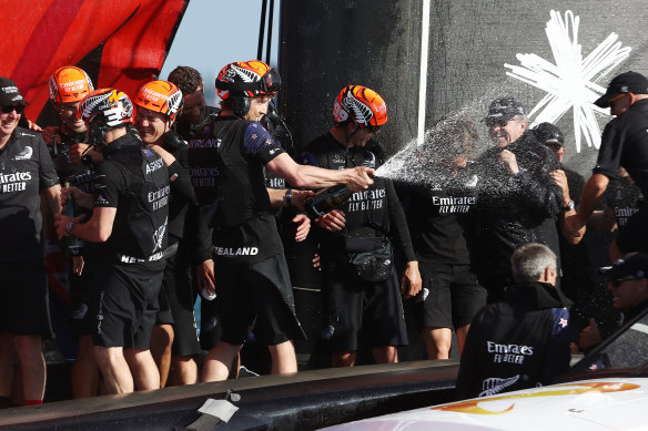 Team New Zealand’s Peter Burling celebrates after Wednesday’s America’s Cup triumph off the coast of Auckland.