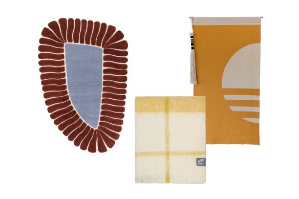 “M’ama Non M’ama” rug, “Weave in Harvest” alpaca throw, “Half Spot” wall banner.