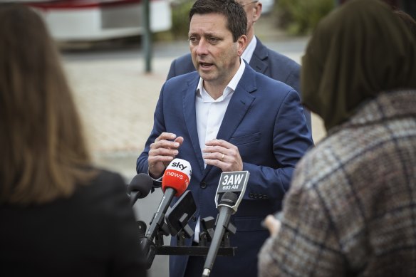 Victorian Opposition leader Matthew Guy addressing the media earlier this morning. 