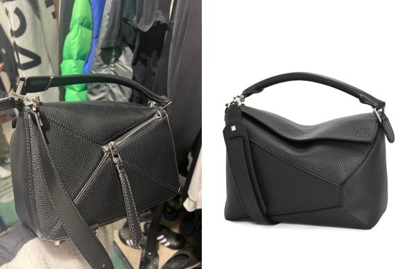 The Loewe puzzle bag James bought from DHgate (left), compared to the $5500 original.