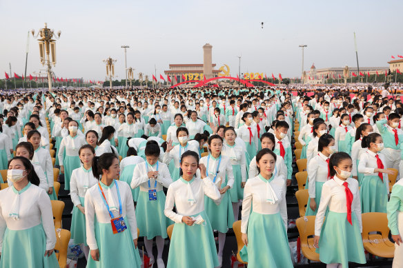 Participants rehearse in Tiananmen Square before celebrations marking the 100th anniversary of the Chinese Communist Party on July 1, 2021.