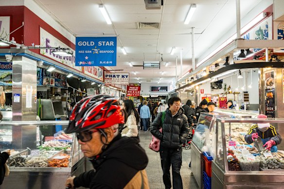Inside the seafood section of Footscray Market.