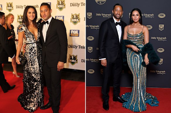 Zoe Marshall (with husband Benji Marshall) at her first Dally M, in 2011 (left), and at the 2019 awards. 