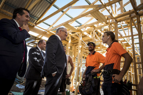 Prime Minister Scott Morrison, Housing Minister Michael Sukkar MP meet builders in Officer in February. Mr Sukkar says the Morrison government was doing more in the social  and affordable housing space than any other federal government before it.