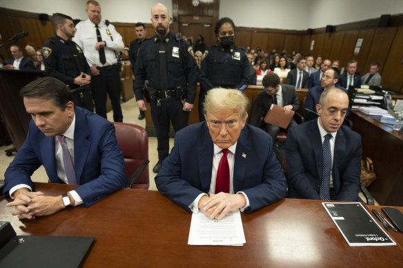 Former US president Donald Trump at Manhattan criminal court before the start of Thursday’s proceedings.