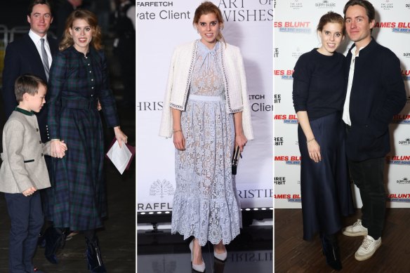 Princess Beatrice wearing a Beulah dress and Zara boots with husband Edoardo Mapelli Mozzi and stepson Christopher Woolf at Westminster Abbey in December; at Raffles London wearing a Self Portrait lace dress and Alice + Olivia jacket in October; In Jigsaw jumper and skirt and Zara boots with Mapelli Mozzi at an event for singer James Blunt in London in December.