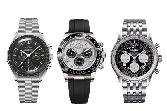 Omega Speedmaster Moonwatch Master Chronometer; Rolex Oyster Perpetual Cosmograph Daytona; Breitling Navitimer.