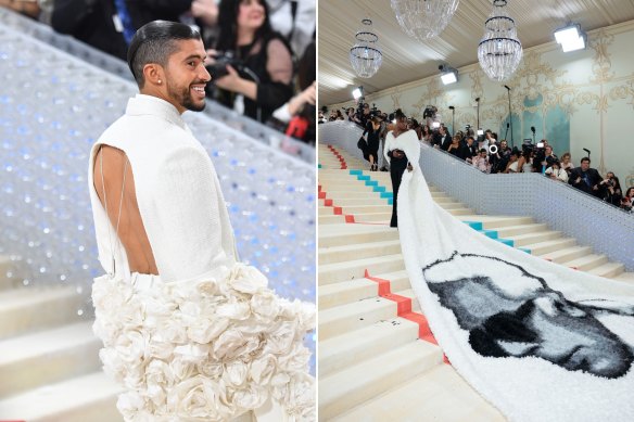 Bad Bunny in Jacquemus and Jeremy Pope in Balmain at the Met Gala 2023.