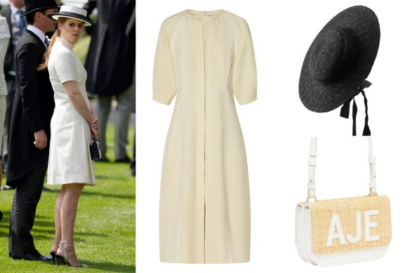 Princess Beatrice in a cream dress at Royal Acot in June; Oroton structured dress $599; Lovia boater with ribbon $59.99; Aje cross-body bag $295.