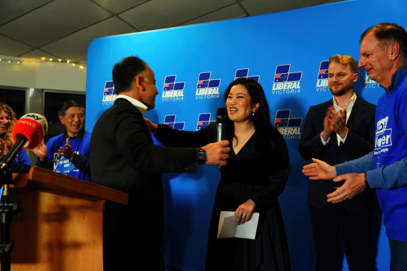 John Pesutto congratulates Nicole Werner on her win in the Warrandyte byelection on Saturday night.