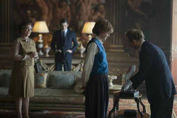 Olivia Colman, from left, Josh O'Connor and Emma Corrin in a scene from The Crown.