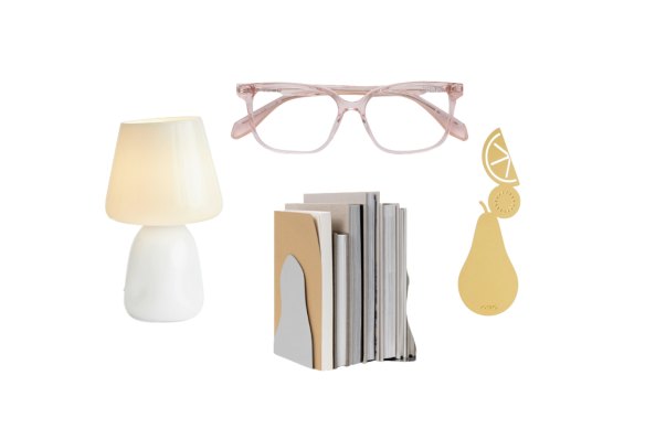 “Apollo” table lamp; Reading glasses; “Pear” bookmark; “Pond” bookends.