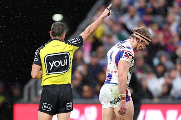 Phoenix Crossland is sent off for a bone-breaking hip-drop tackle on Panthers halfback Nathan Cleary.