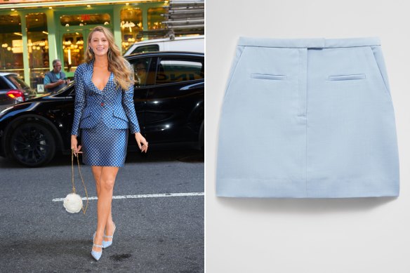From left: Blake Lively; Country Road mini skirt.