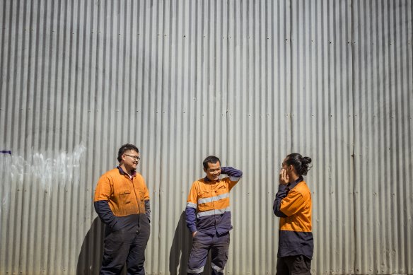 Karen migrants (from left) Tay Taw Taw Talor, Hai Gay and Eh Ro Ropohsay have moved to Ararat and work at manufacturing plant Gason.