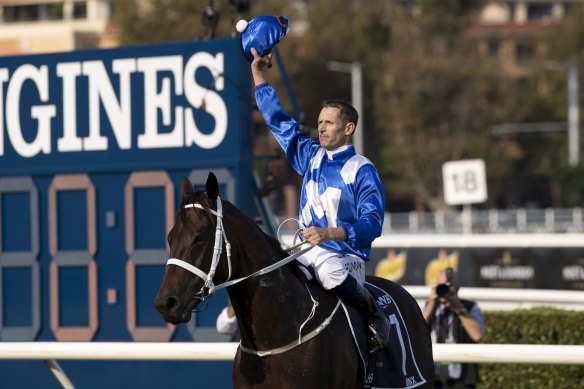 Winx and Hugh Bowman after winning the Queen Elizabeth Stakes in 2019.