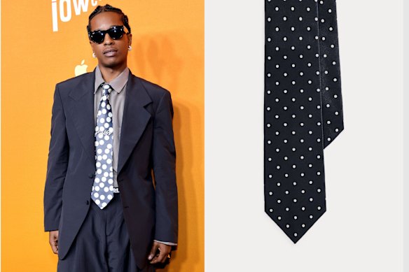 Rapper and actor A$AP Rocky; right: Ralph Lauren silk tie.