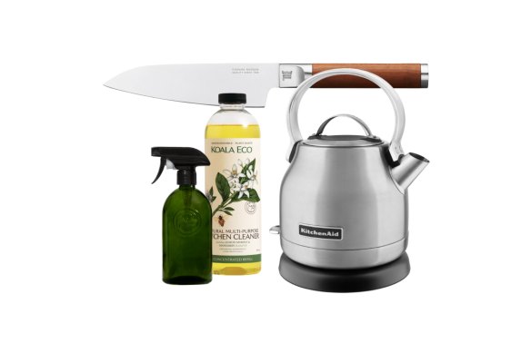 Kitchen cleaner and glass spray bottle; “Norden” large cook’s knife; Kettle.