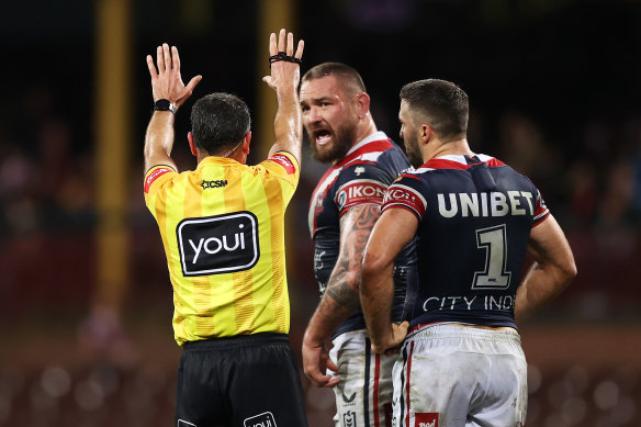 Jared Waerea-Hargreaves is sent to the sin bin by referee Gerard Sutton.