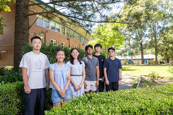 Six of the nine James Ruse students who received an ATAR of 99.95. From left: Terry Chen, Nina Chen, Selina Ma, Nikil Andepalli, Peter Shan and Srihaas Komminni. 