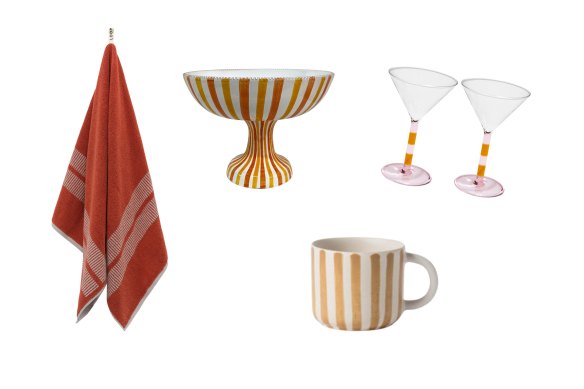 “Dual Dash” bath sheet; fruit bowl; “Paloma” cup; martini glasses.