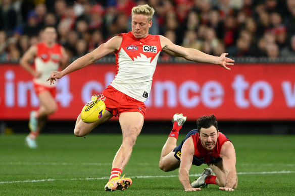 Isaac Heeney gets a kick away for the Swans.