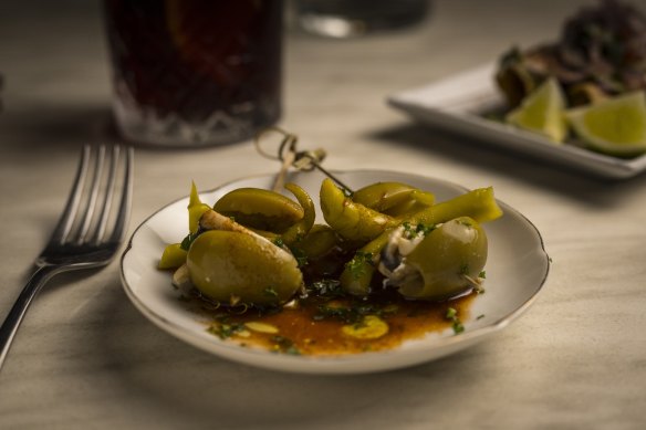 Gildas (skewers of anchovy, olive and pickled peppers) with vermut-and-paprika dressing at Little Drop of Poison in Eltham.