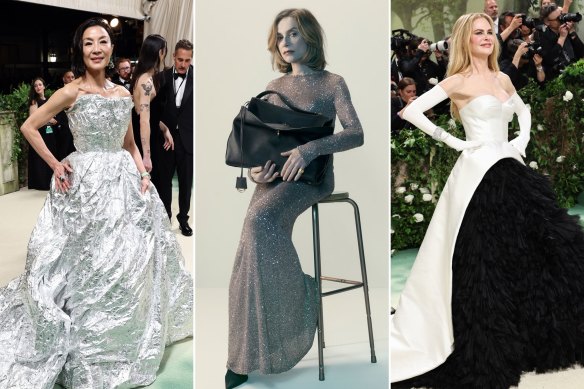 Balenciaga’s mature approach to ambassadors (from left): Michelle Yeoh at the Met Gala; Isabelle Huppert in a Balenciaga advertisement; Nicole Kidman at the Met Gala.