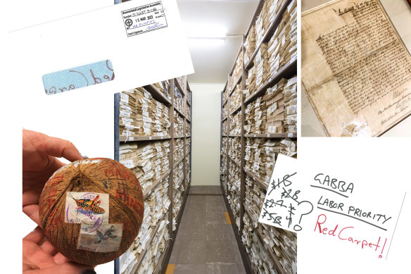 A “coconut gram” and stunt “back of the envelope” Gabba redevelopment business case are among the more than 120,000 documents stored in the Queensland Parliament strong room.