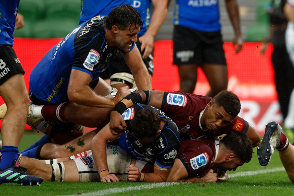 Reds back-rower Liam Wright, seen scoring a try against the Western Force in their round two Super Rugby Pacific match.