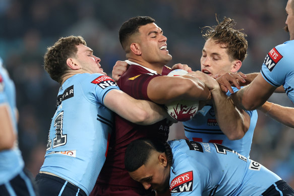 David Fifita of the Maroons is tackled during game three of the State of Origin series in Sydney last year. 
