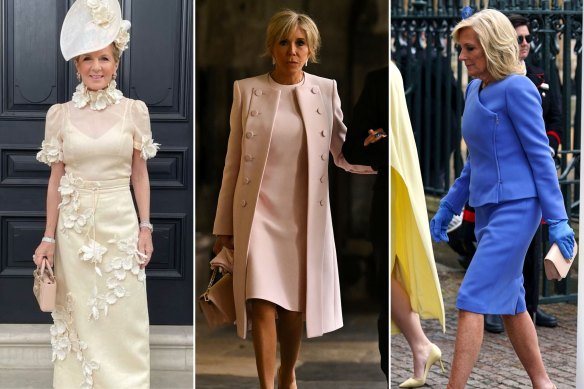 Julie Bishop in Zimmermann and a Nerida Winter hat; French First Lady Brigitte Macron; US First Lady Jill Biden in Ralph Lauren.