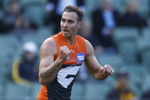 Jeremy Finlayson of the Giants celebrates a goal during the AFL match between the Greater Western Sydney Giants and the Hawthorn Hawks.