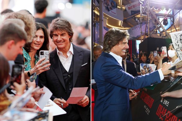 Tom Cruise on the red carpet for Mission: Impossible Dead Reckoning Part One in New York (left) and Seoul.