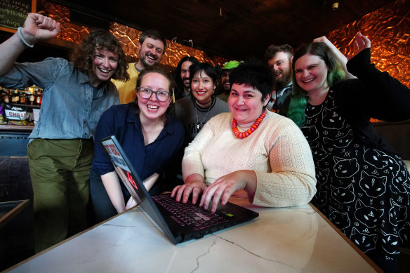 Game developers Maize Wallin (in glasses) and Goldie Bartlett, centre, with the team behind Wayward Strand.