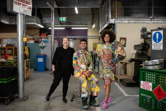 Powerhouse chief executive Lisa Havilah with designer Jordan Gogos and model Basjia Almaan at the Powerhouse Museum