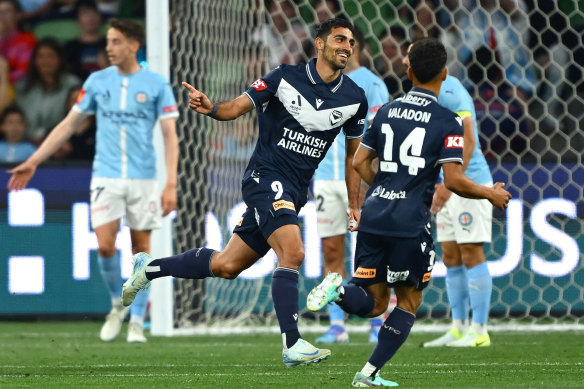 Nikos Vergos of Melbourne Victory celebrates his goal