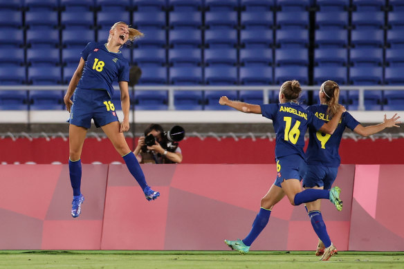 Sweden’s Fridolina Rolfo celebrates her goal against the Matildas.
