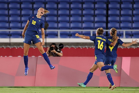 Sweden’s Fridolina Rolfo celebrates her goal against the Matildas.